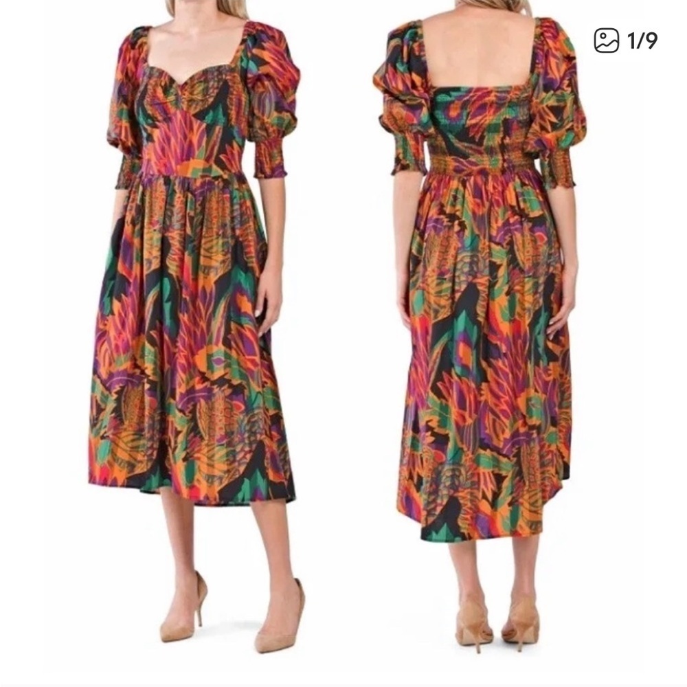 House of Harlow By Nicole Richie Smocked Puff Sleeve Midi Dress